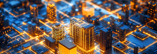 Glowing cityscape on an artificial circuit board