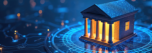 Concept art of a glowing bank on a circuit board