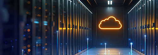 Vision Net Cloud. Dark datacenter with glowing yellow cloud symbol
