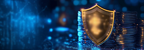 Shield in front of stacks of coins