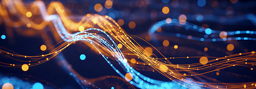 Vision Net Network Solutions. Light waves and glowing fiber line in yellow and blue