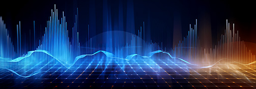 Vision Net Voice. Blue and yellow glowing audio waves